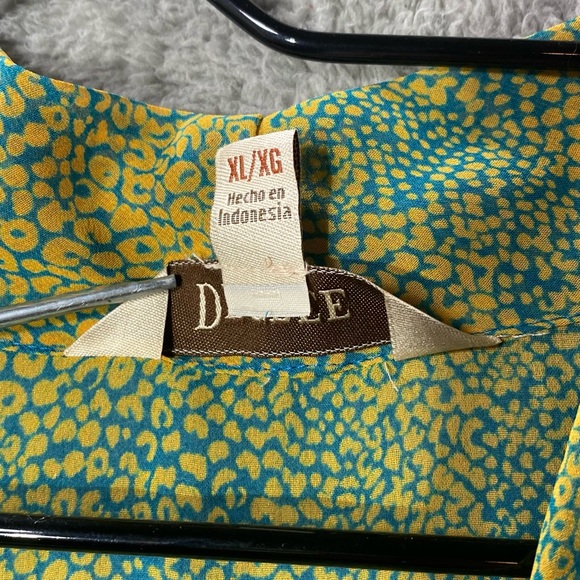 DECREE Blouse Women XL Sheer Cowl Neck Chiffon Blue Yellow Print Flowy Top Shirt - Picture 10 of 12